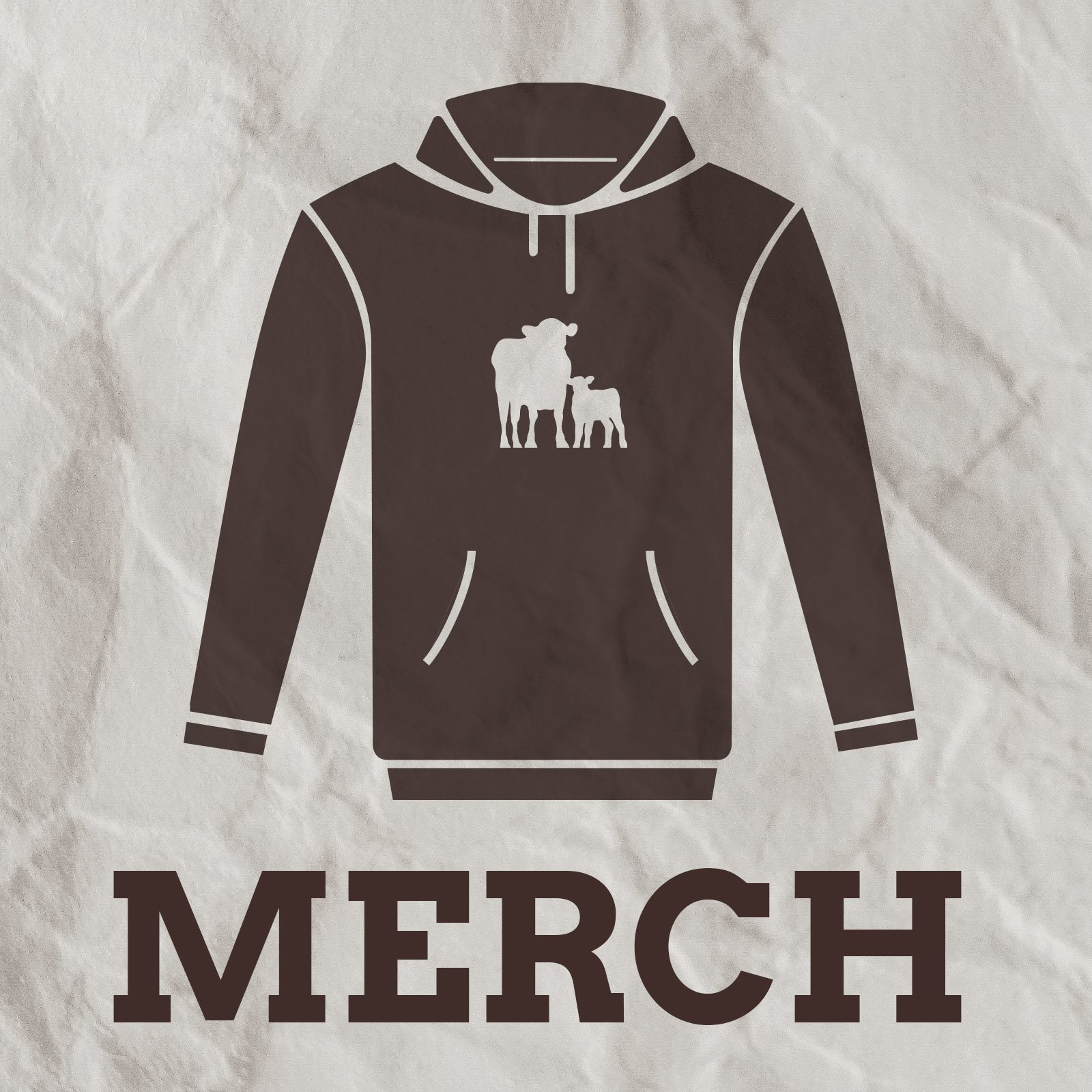 Stylized dark hoodie with a graphic of a cow and calf, above the word 'MERCI' in large brown letters.