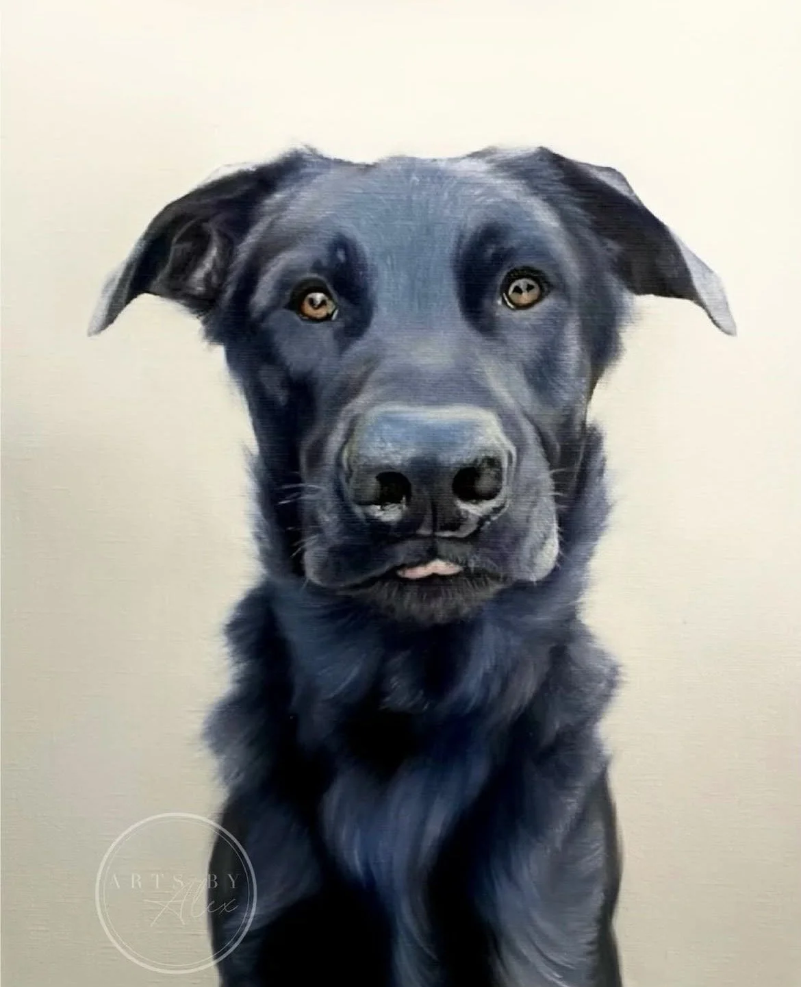 Painting of a black Labrador dog with expressive eyes, facing forward against a plain background.