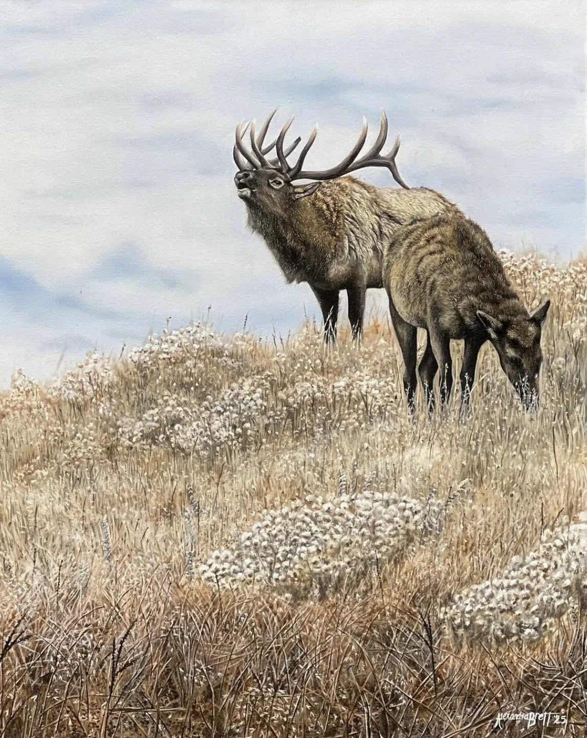 Painting of a deer with large antlers and a second animal, possibly a wolf, standing in a grassy field with flowers, under a cloudy sky.
