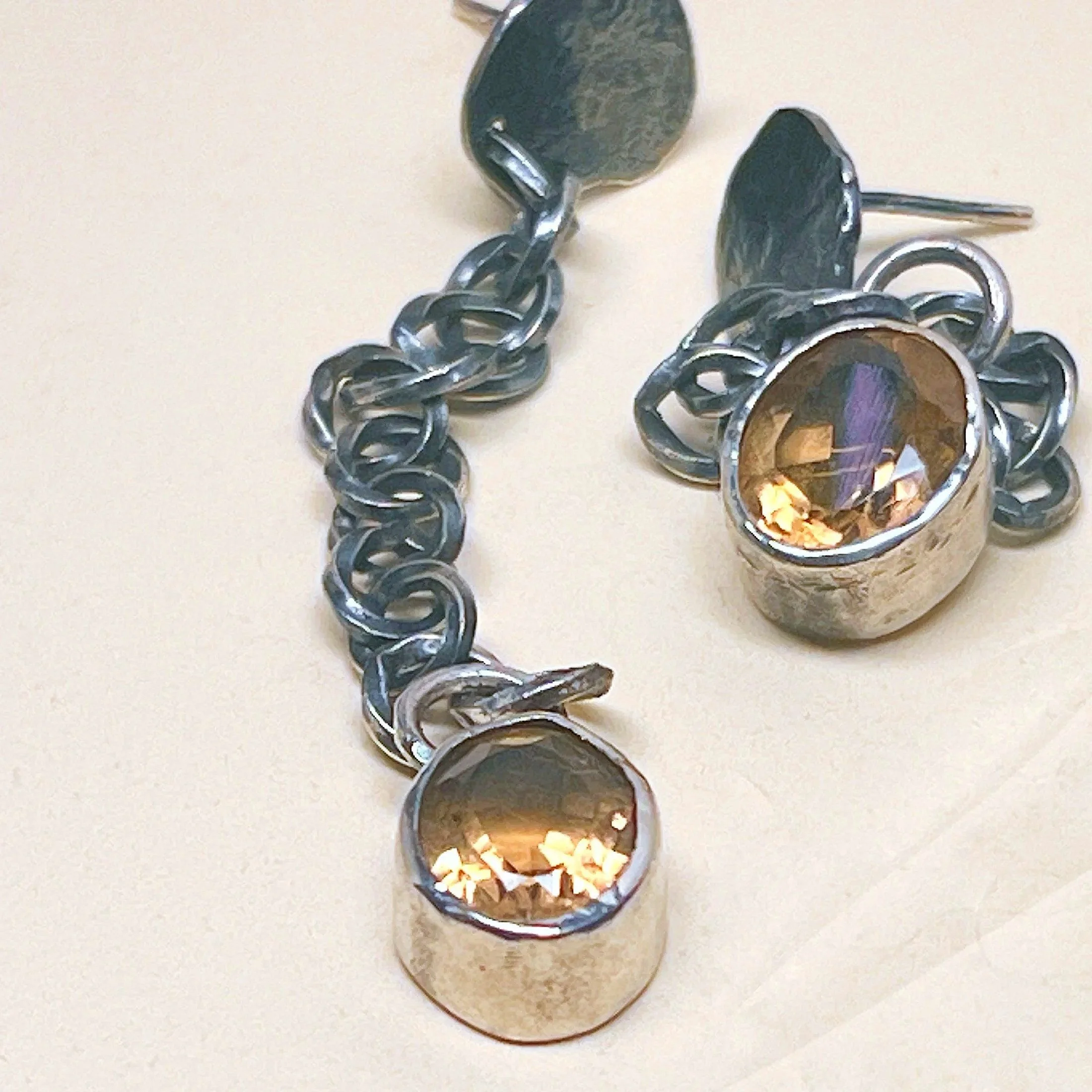 Shoulder duster earrings — faceted lemon citrine on oxidized sterling silver twisted rolo chain. Drop 70mm · stones 9x11mm