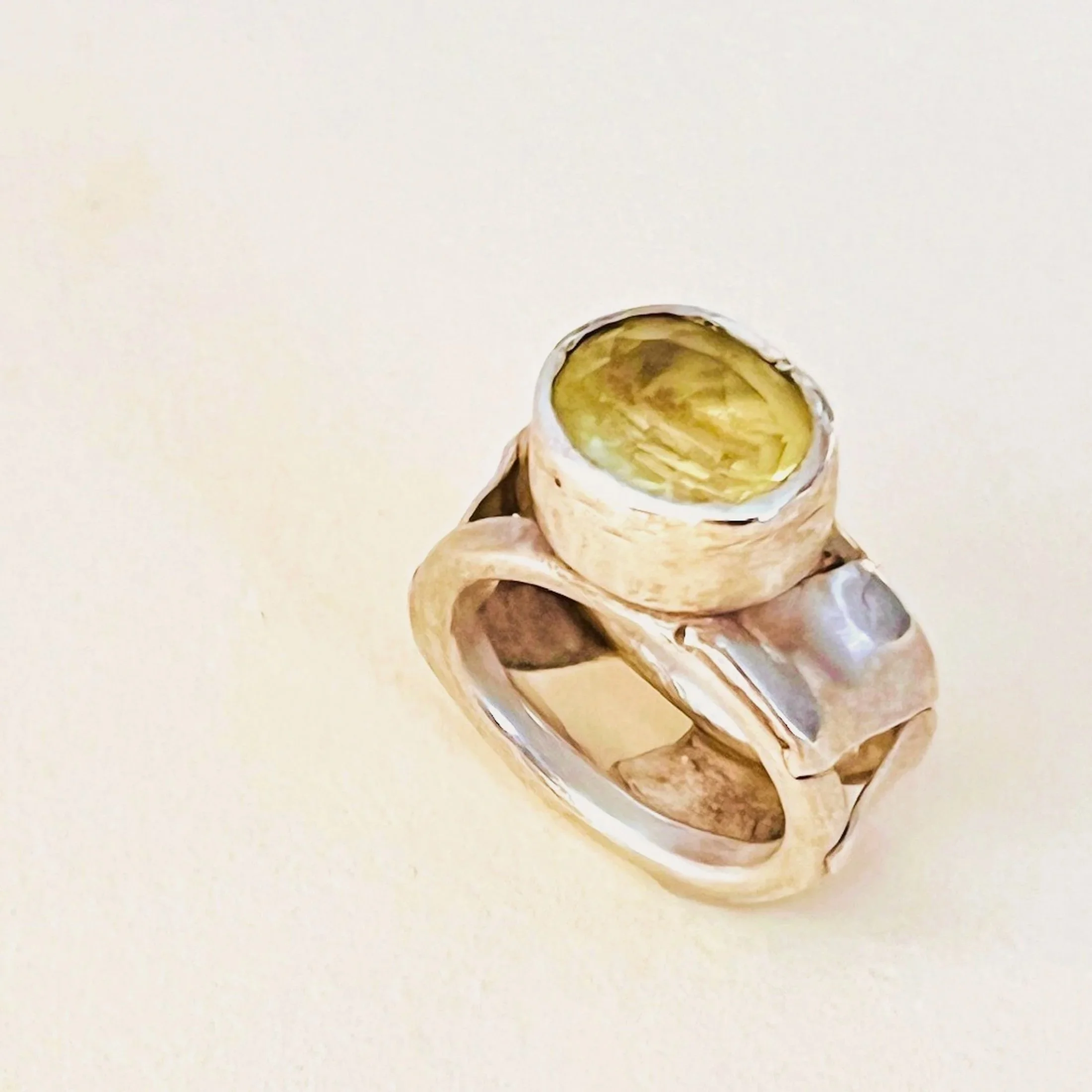Cocktail ring — faceted lemon citrine set in sterling silver on heavy double band. 
Band 10mm · thickness 2mm  · stone 9x11mm