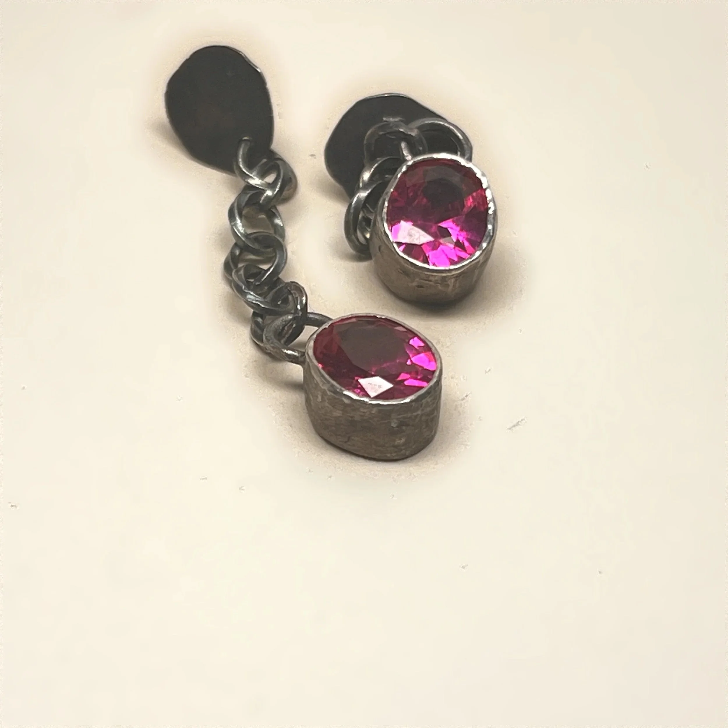 Drop earrings — faceted pink stones set on oxidized sterling silver twisted rolo chain. 
Drop 40mm · stones 9x11mm