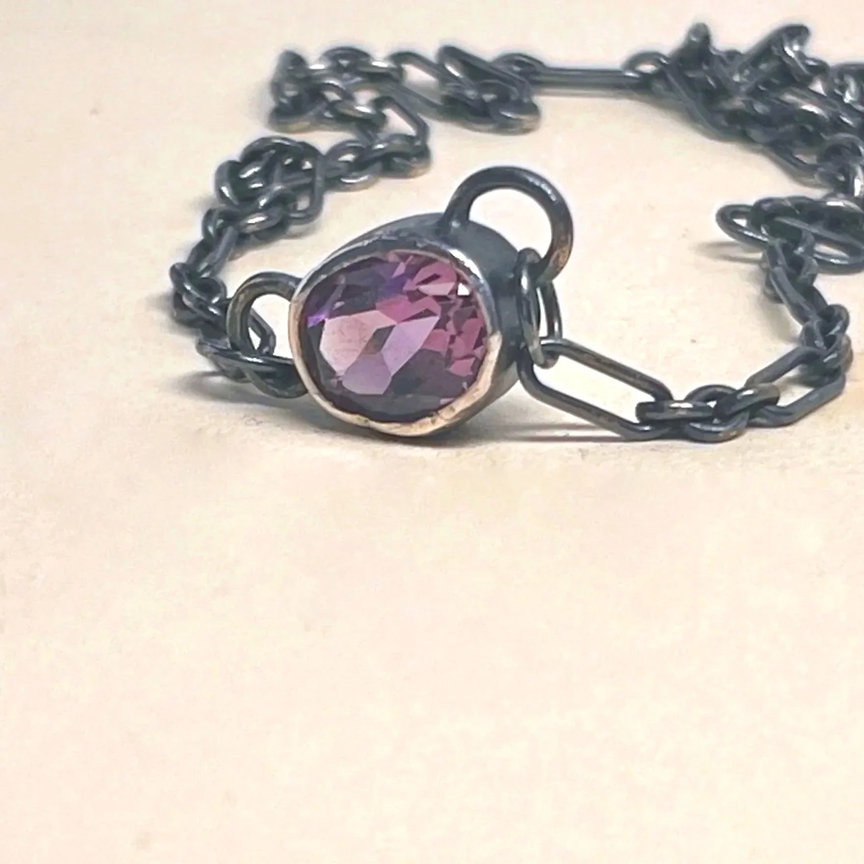 Single stone necklace — faceted amethyst on an oxidized sterling silver figaro chain. 

Chain 15 in  · stone 10x12mm