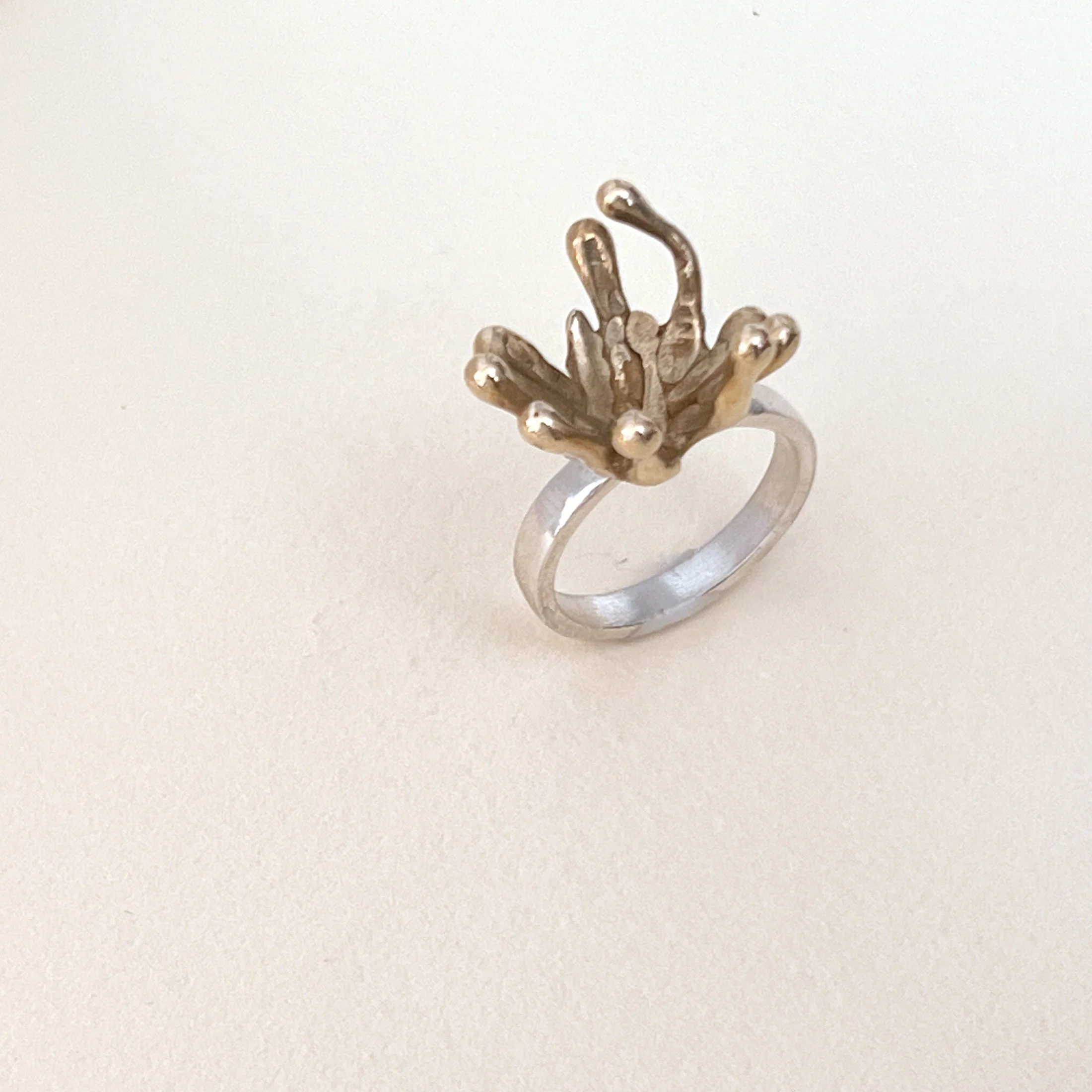 Grape cluster ring — brass cluster on a sterling silver band.
Band 3.5mm · thickness 2mm · cluster 18mm