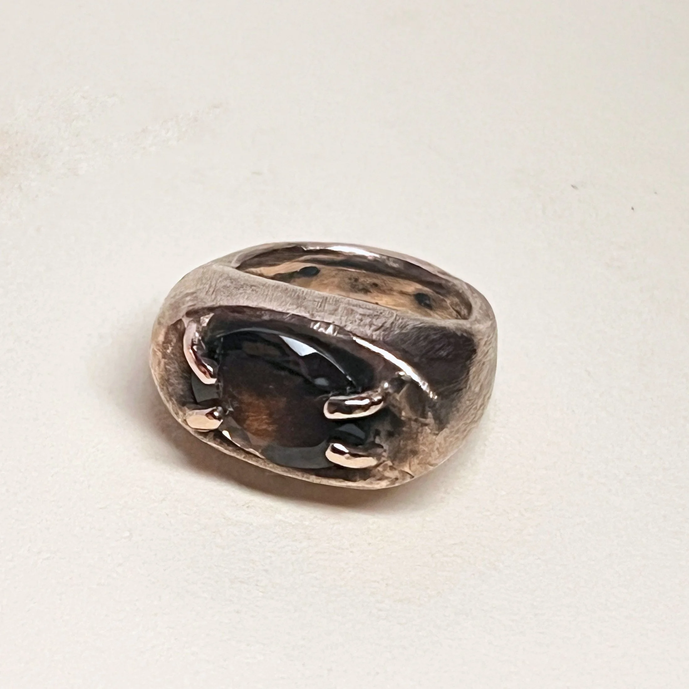 Cocktail ring — faceted smoky topaz set in bronze.
Band 5mm tapering to 2mm · thickness 2mm · stone 10x15mm