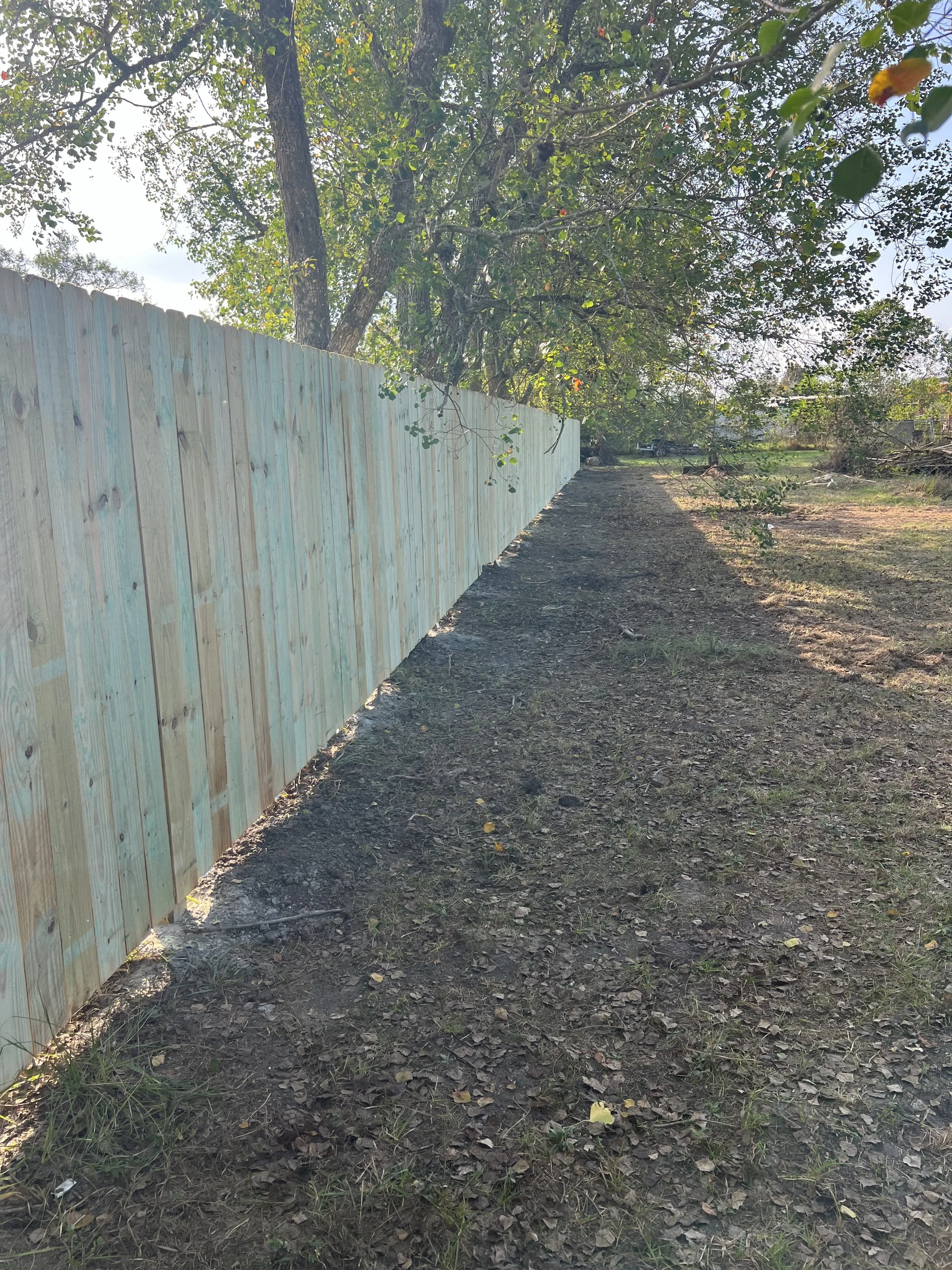 A dirt path along a white wooden fence with green trees and leaves overhead, in a rural outdoor setting with some scattered fallen leaves on the ground.