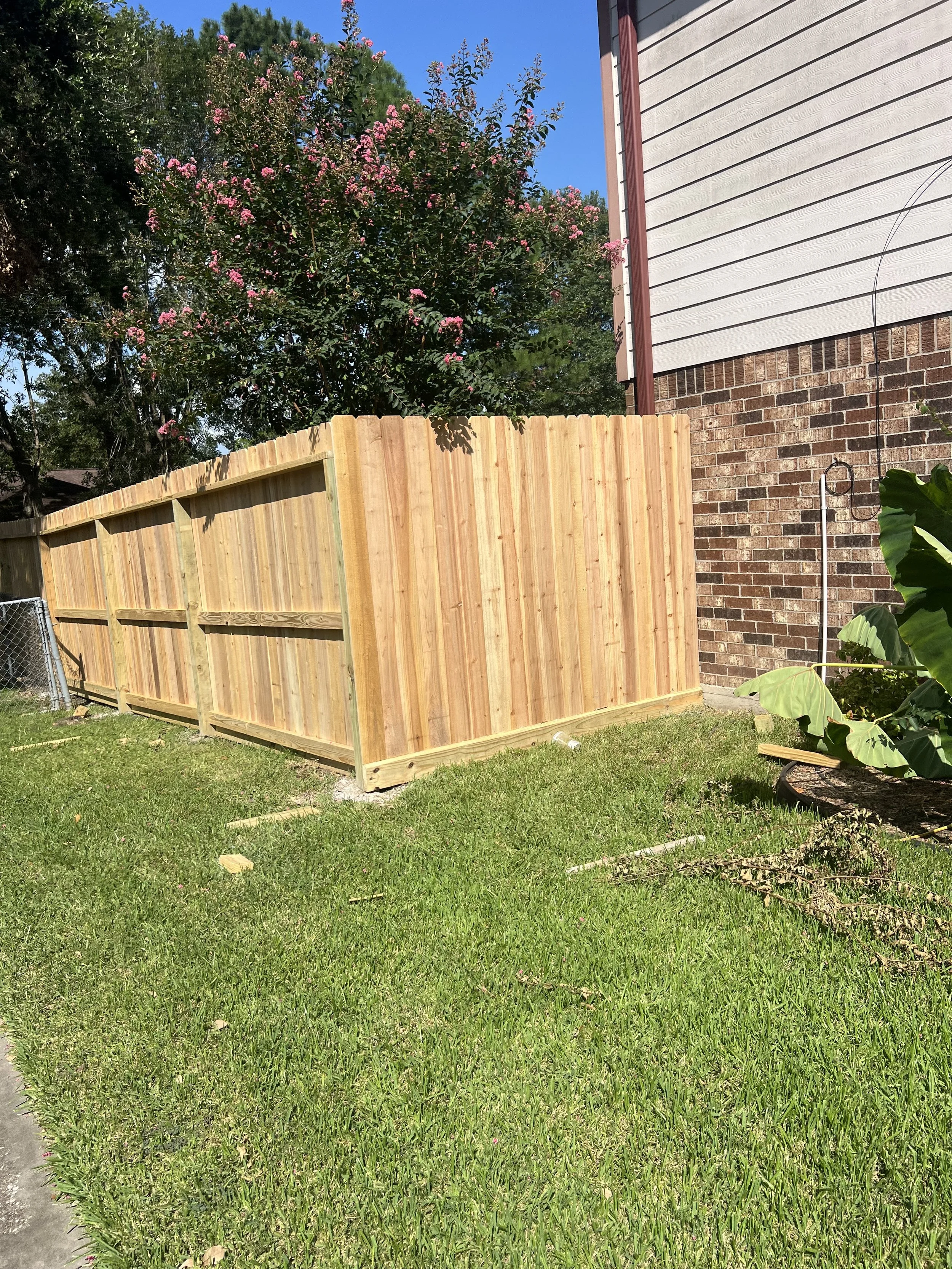 A backyard with a new wooden fence, a brick house wall, a tree with pink flowers, and green grass under a clear blue sky.