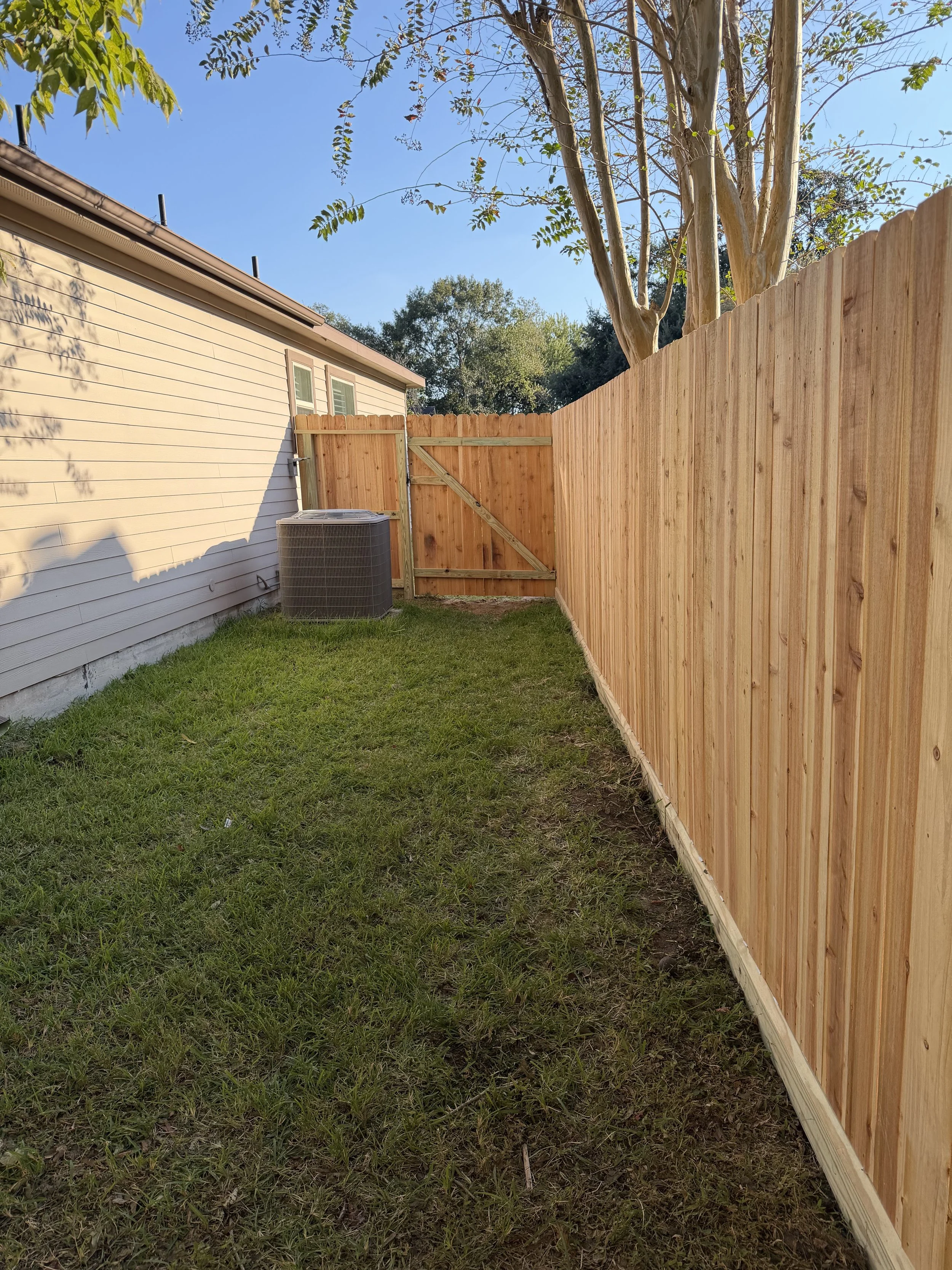 Backyard scene with a wooden fence, a tree, and a house with beige siding under a clear blue sky.