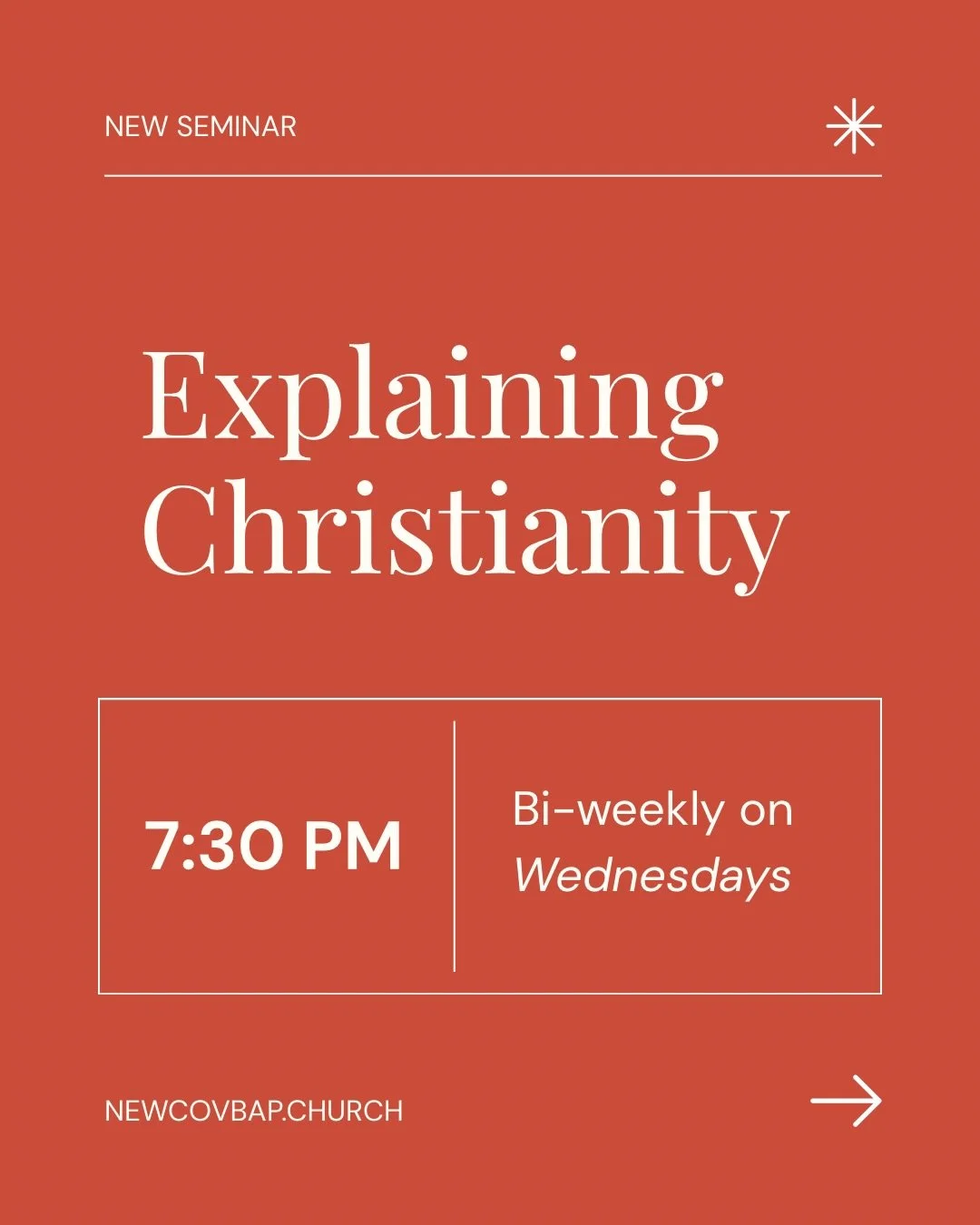 A reminder that we are starting our 6-week seminar tonight&mdash;Explaining Christianity.

This seminar is for those who are just exploring what it means to trust in Jesus, new believers, who wants to sharpen their knowledge of the faith, or long-tim