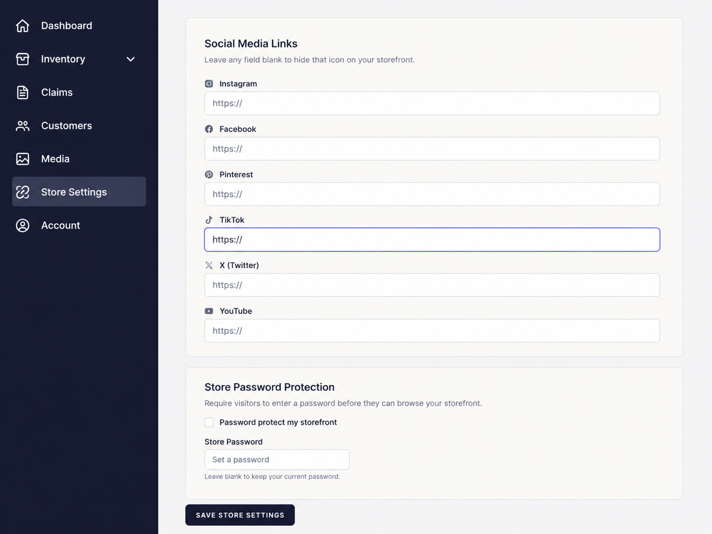 claimcart showing the social media handles to edit your store settings