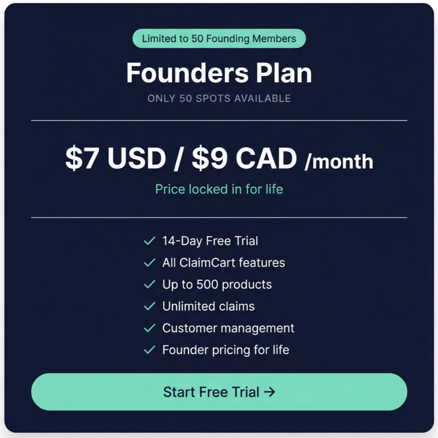 claimcart founder plan with dark background for the founders plan