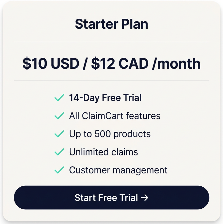 claimcart starter plan with a beige background showing all the option that are included in the plan