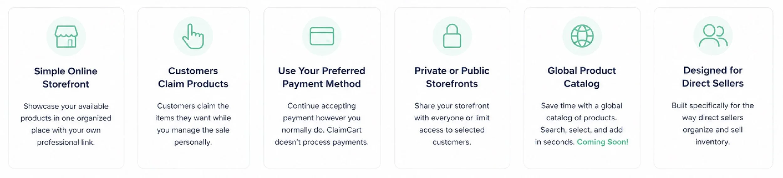 ClaimCart feature cards highlighting a simple online storefront, customer product claims, flexible payment methods, private storefronts, a global product catalog, and inventory management for direct sellers