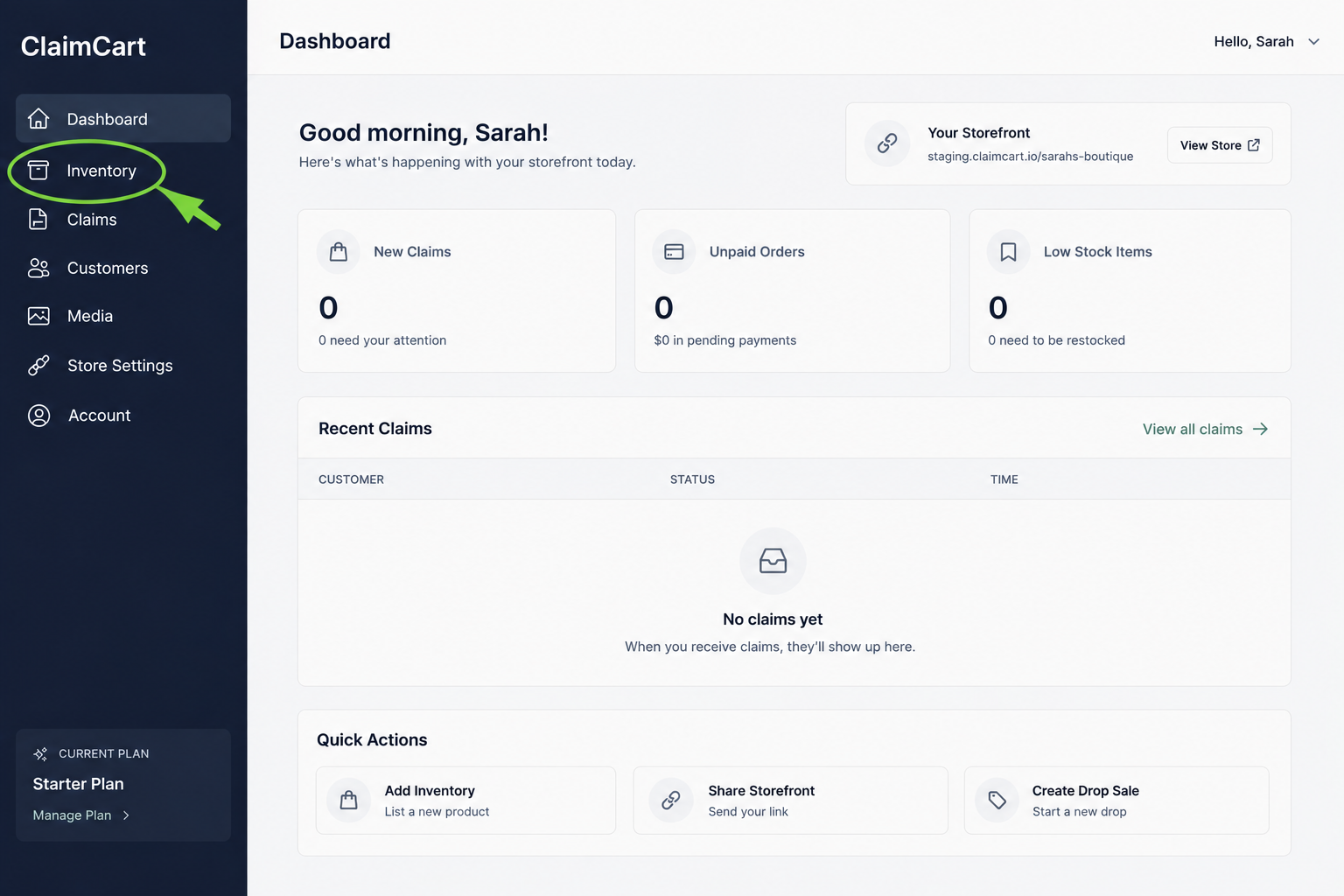 claimcart showing the inventory button on the dashboard