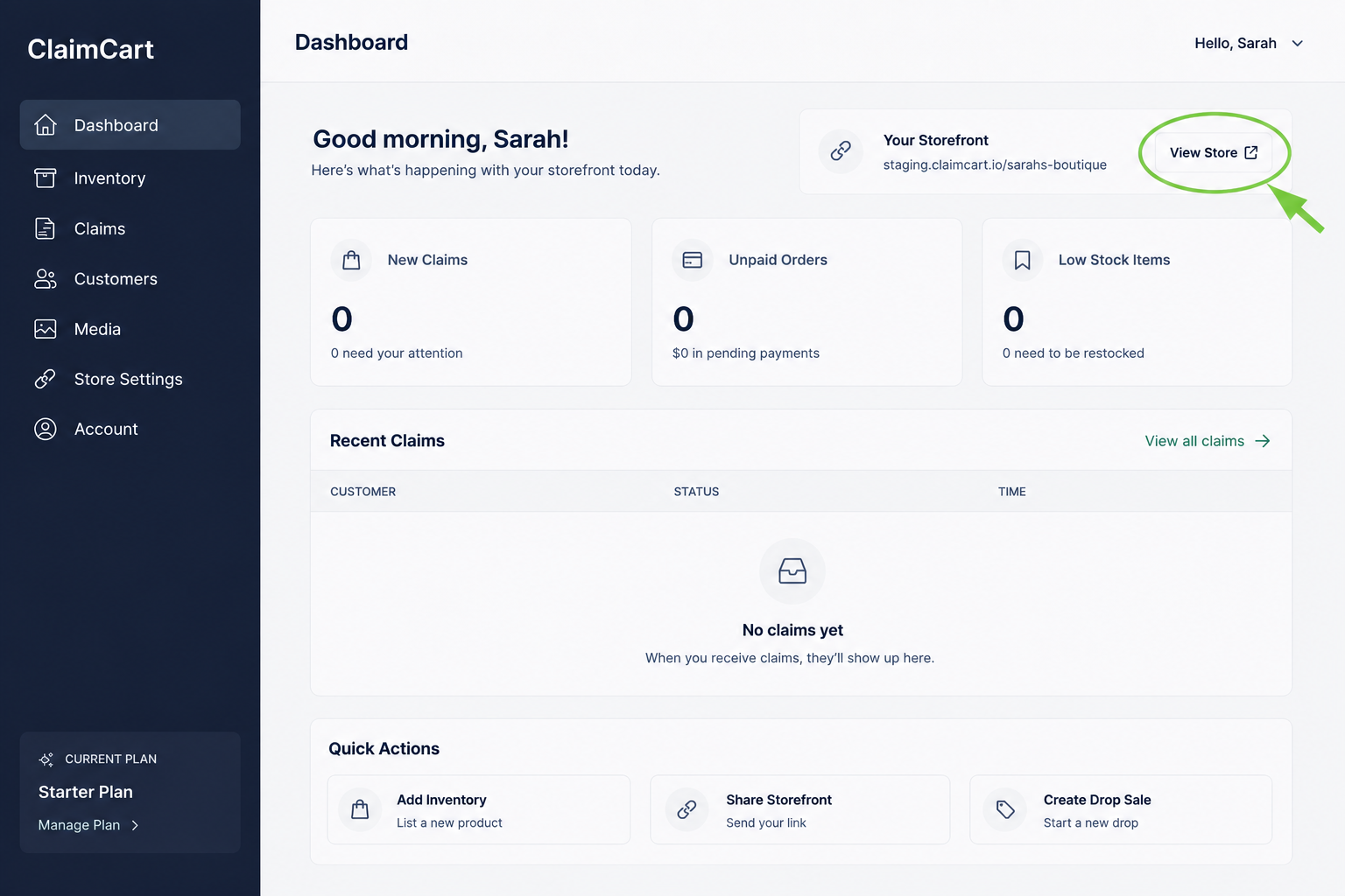 Dashboard view in ClaimCart showing where to click the View Store button to open and share your storefront