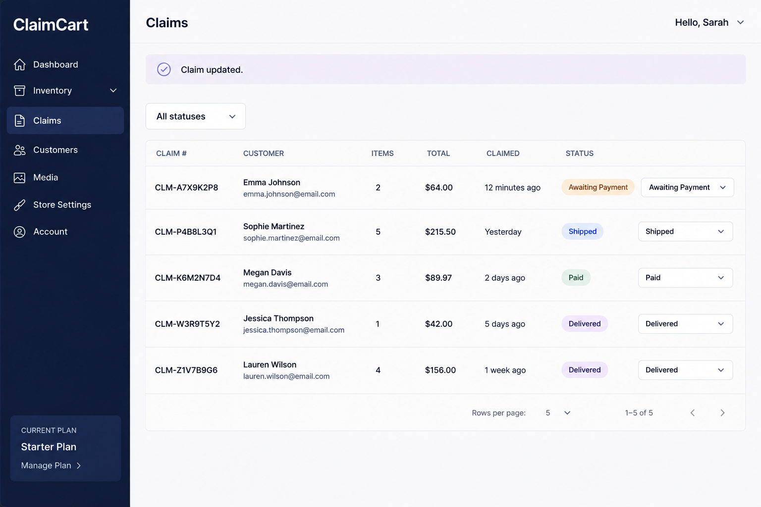 ClaimCart claims dashboard showing five recent customer claims with customer names, claim dates, order totals, and claim statuses including Awaiting Payment, Shipped, Paid, and Delivered.