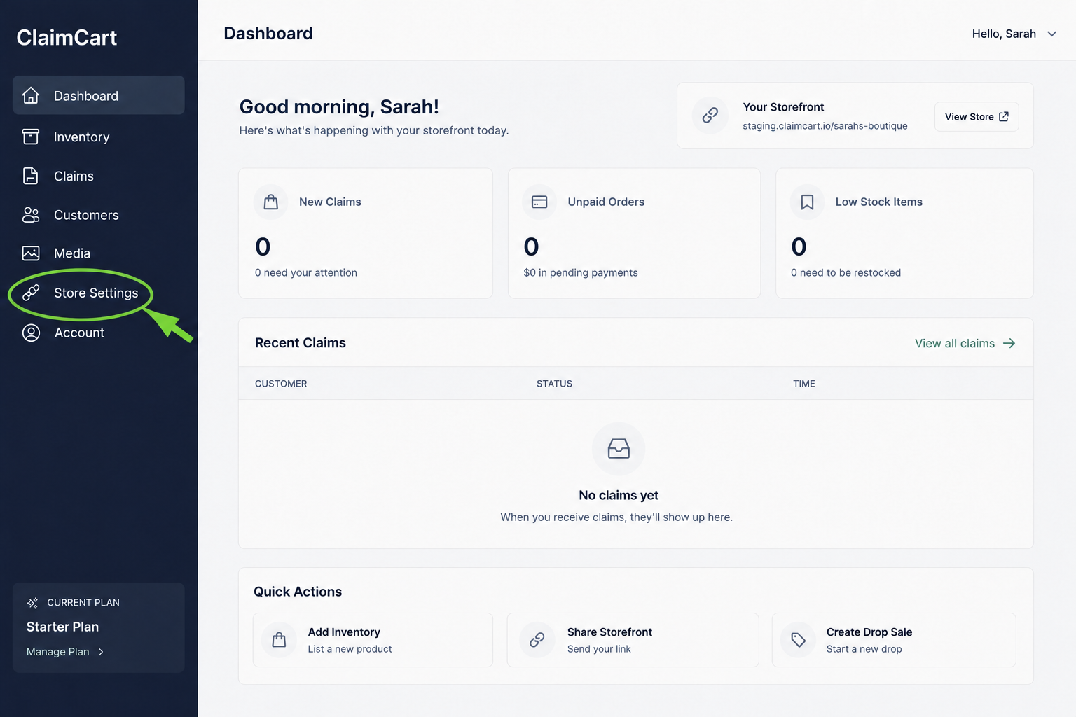ClaimCart dashboard showing the Store Settings option highlighted in the left navigation menu.