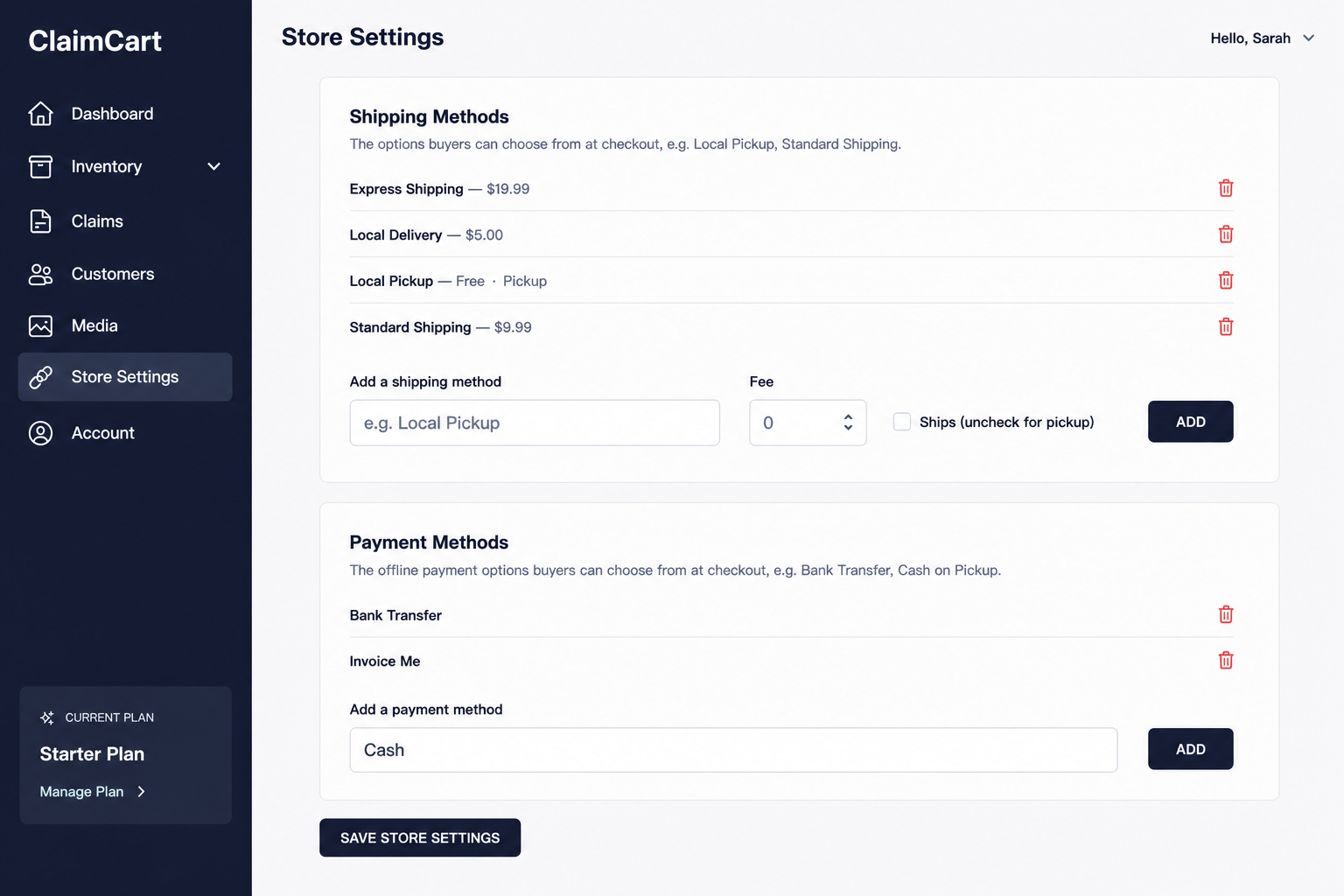 claimcart showing the shipping and payment methods in the store settings