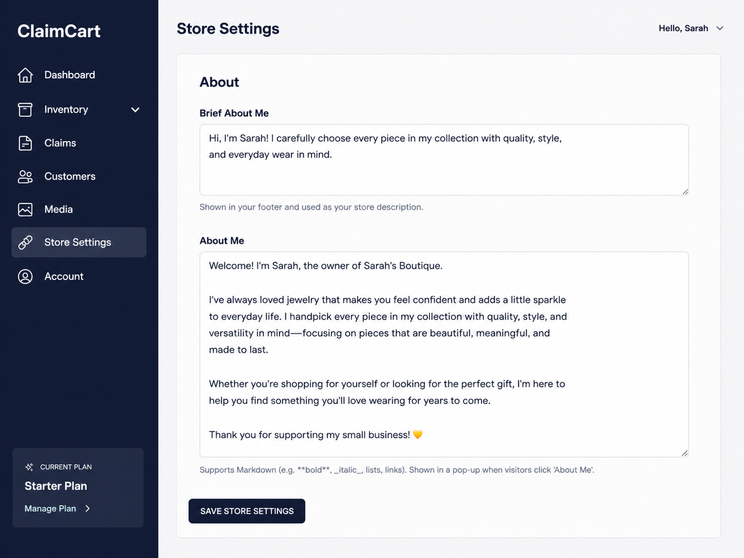 claimcart showing the amount me area in the store settings