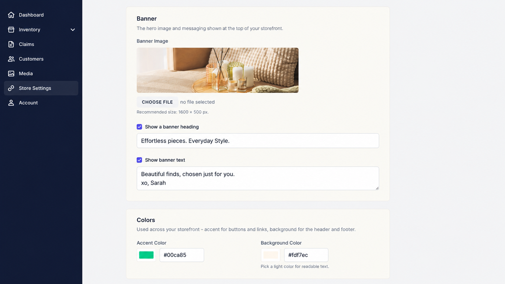 ClaimCart Store Settings page showing banner text, accent color, and background color customization options