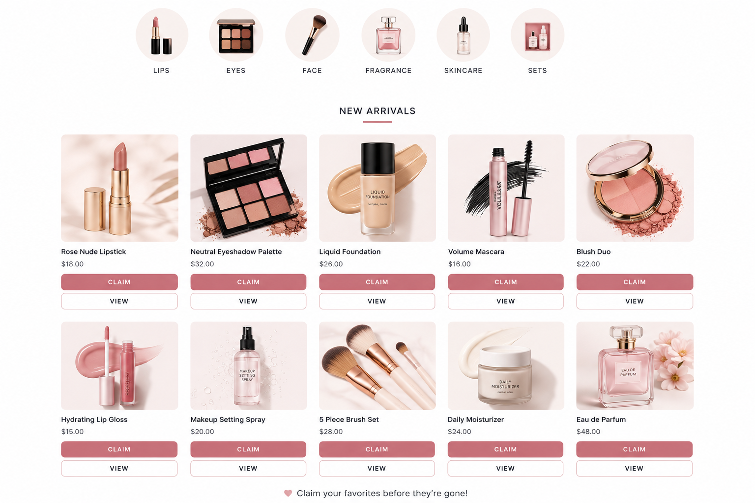 Mockup of a beauty storefront showing makeup categories and products with Claim and View buttons, demonstrating how customers browse and claim products in a ClaimCart storefront.