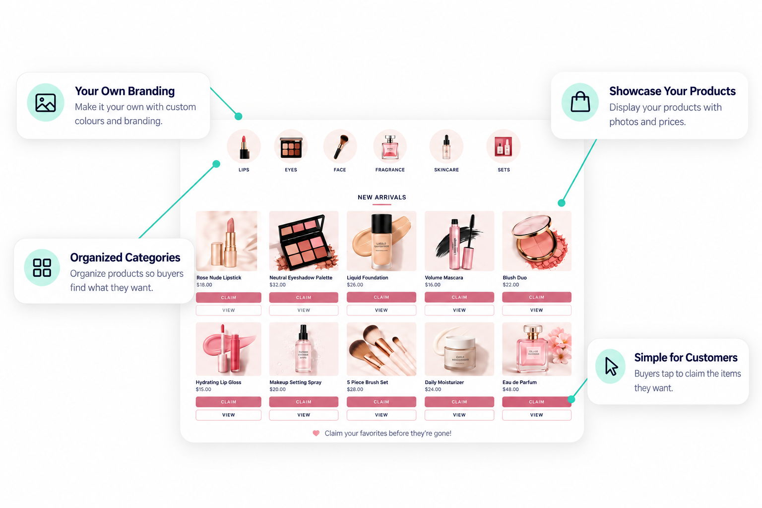 cosmetics claimcart storefront with bubbles showing options and branding