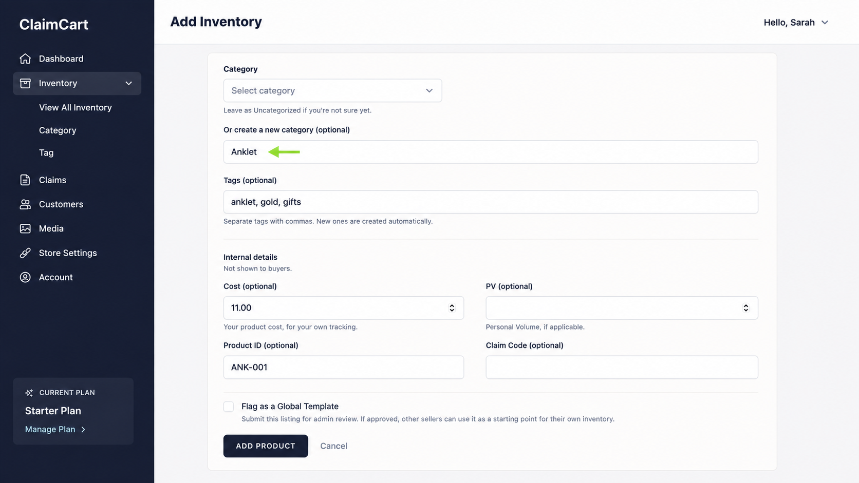 claimcart showing the how to add categories to your products