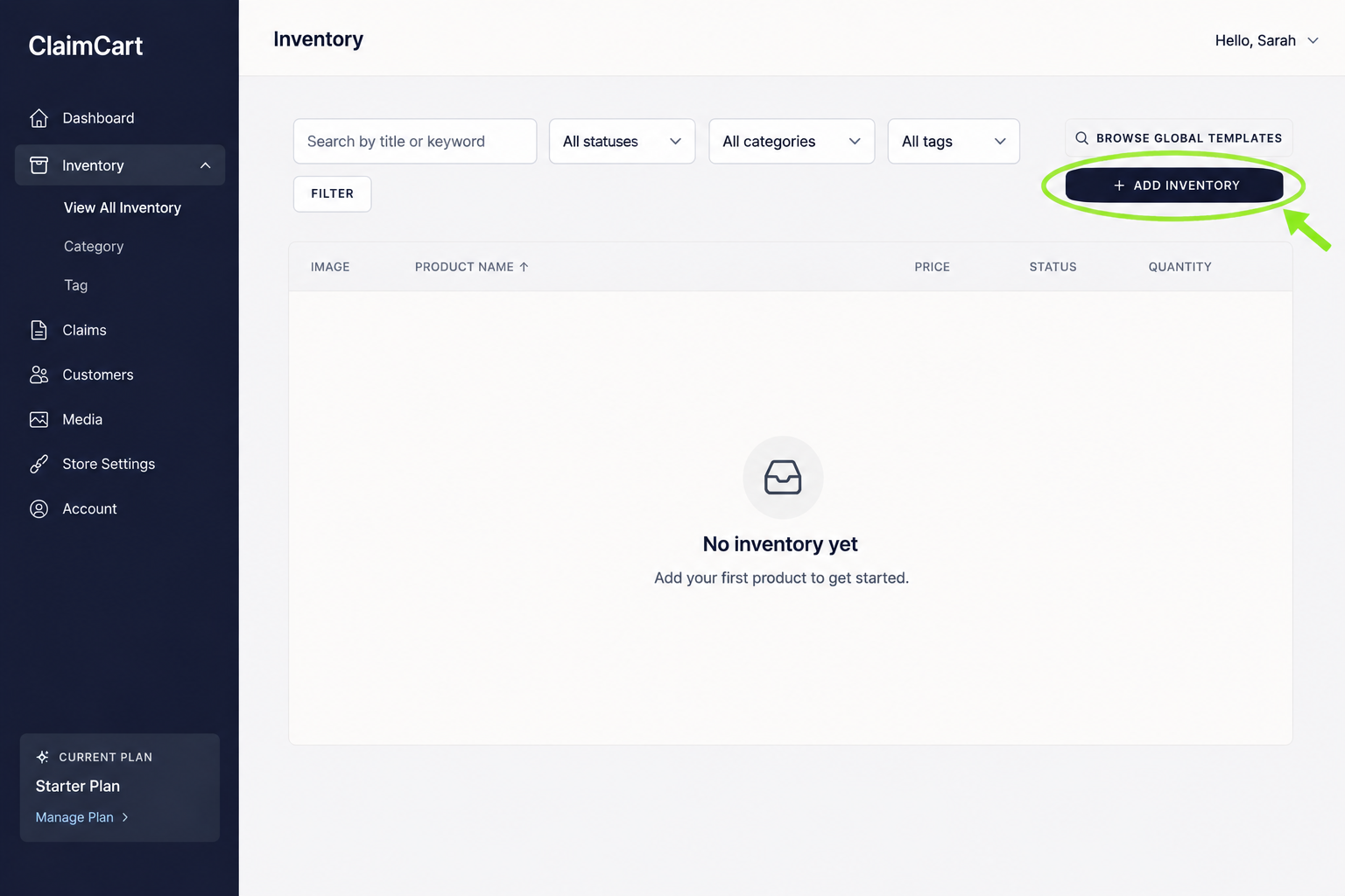 claimcart showing the add inventory button on the dashboard