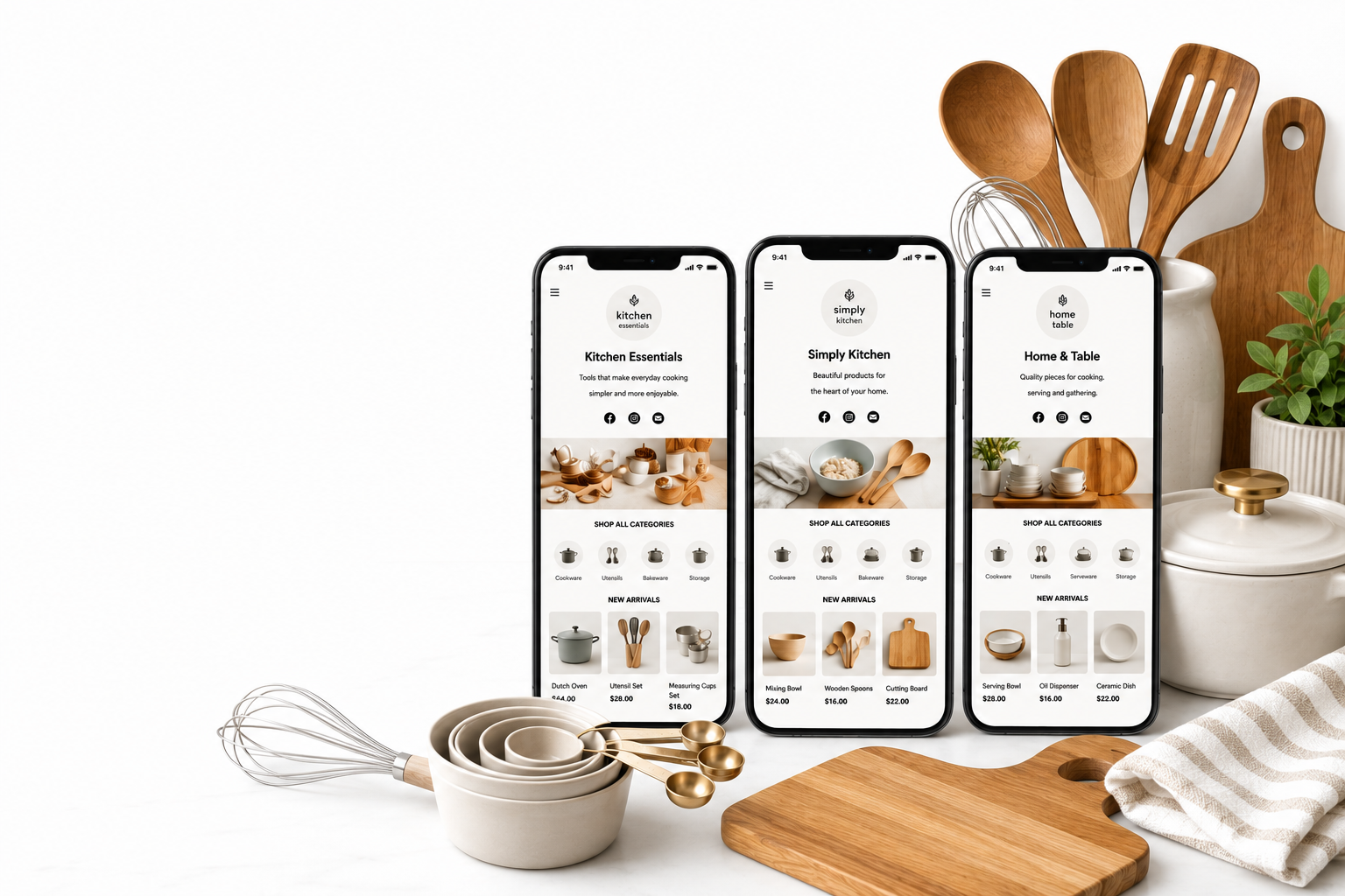 ClaimCart storefront displayed on mobile phones surrounded by kitchen products including wooden utensils, bowls, measuring cups, a whisk, and a cutting board, showing a simple online storefront for direct sellers