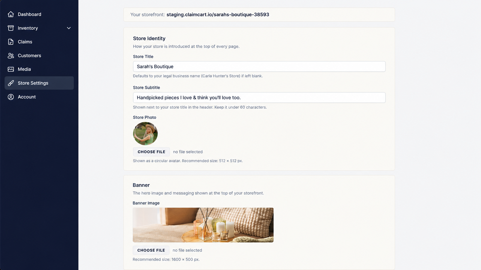 ClaimCart Store Settings page showing how to update your store title, subtitle, profile photo, and banner image