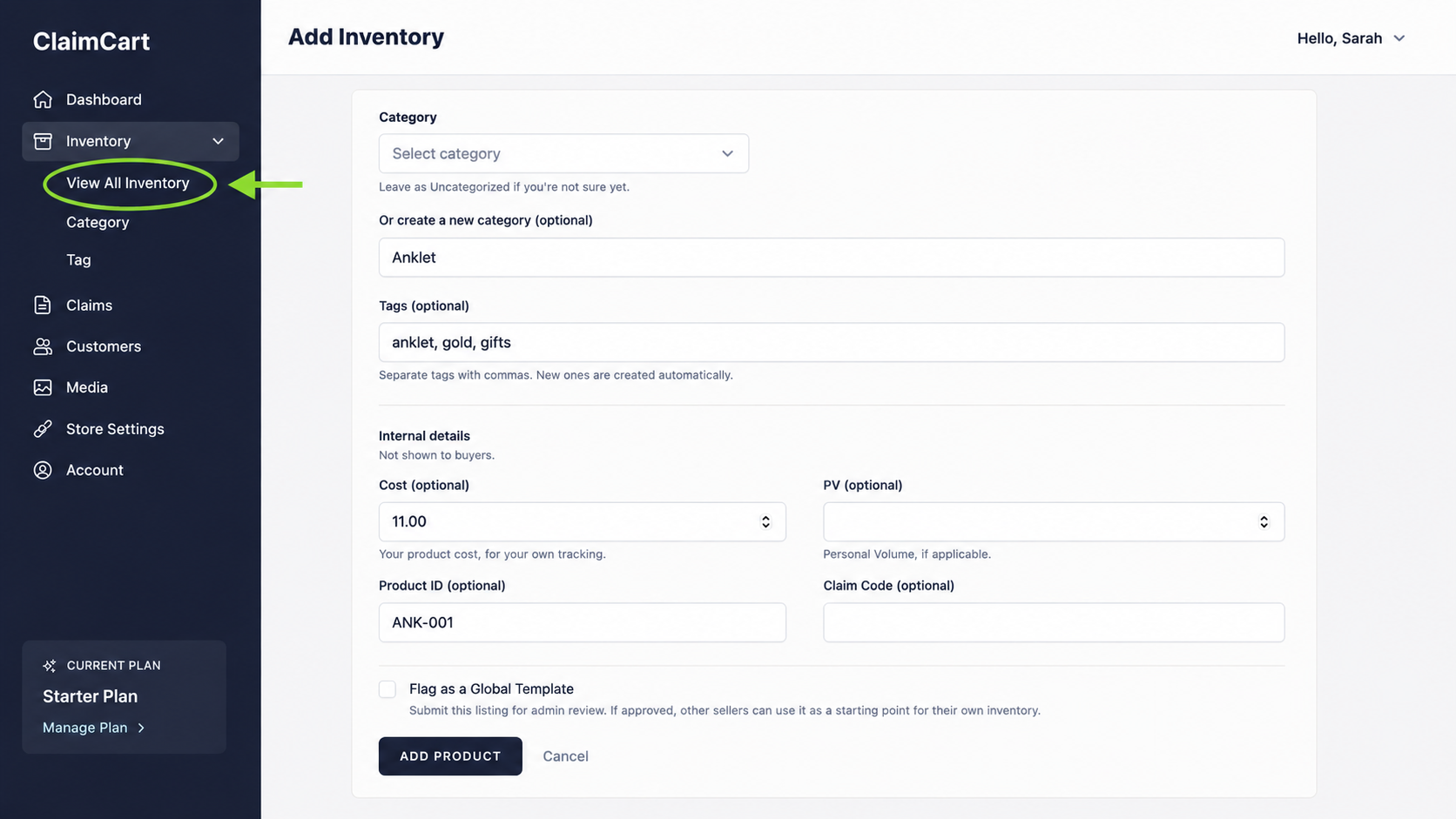 claimcart showing the view all inventory button on the dashboard