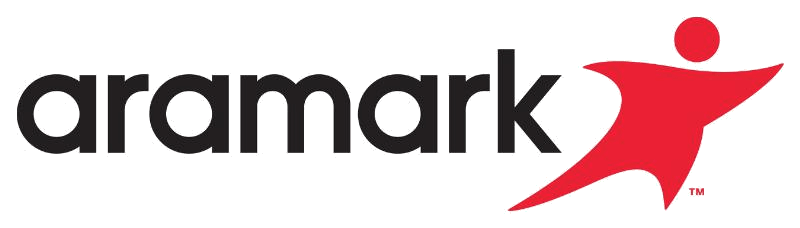 Logo of Aramark featuring black text and a red abstract human figure to the right.