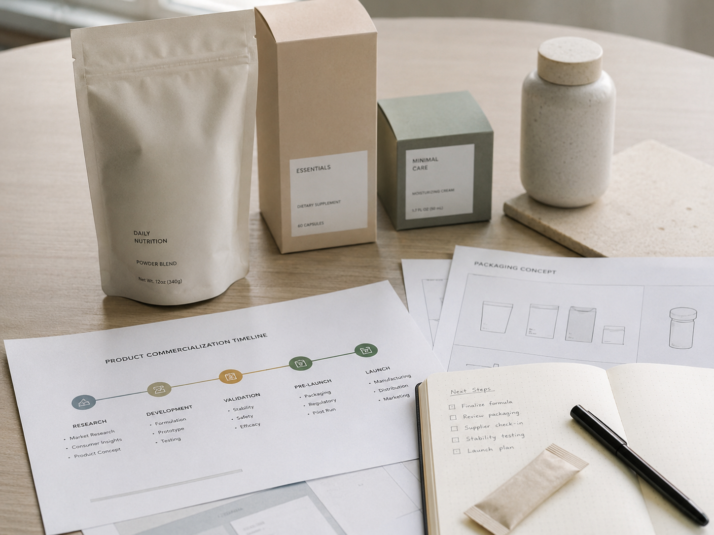 Various product packaging and planning documents on a wooden table.