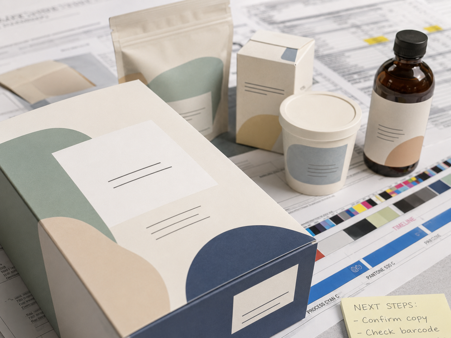 Various packaging and containers, including a box, a carton, a small bag, a cup, and a bottle, all with minimalist, pastel-colored labels, arranged on printed sheets of paper.