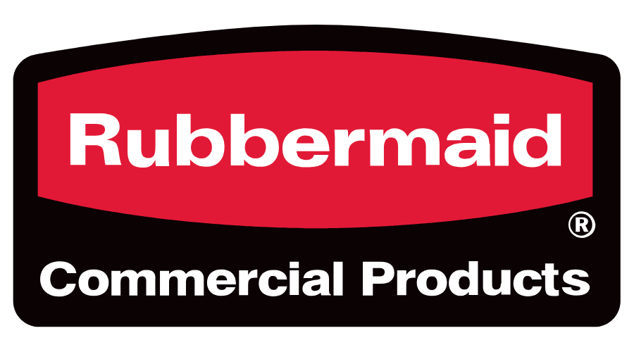 Rubbermaid Commercial Products logo with red and white text on a black background.