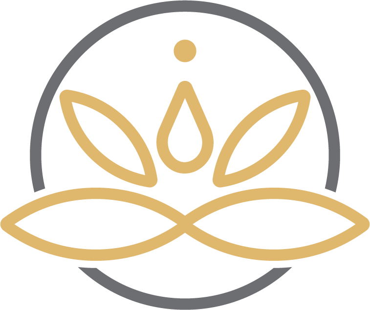 A stylized logo featuring a gold lotus flower with a single drop shape above it, enclosed within a circular gray outline.