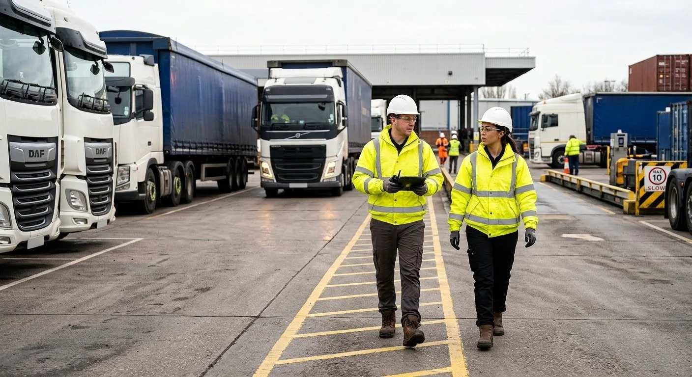 Two people walking through a transport yard. They are wearing full PPE.