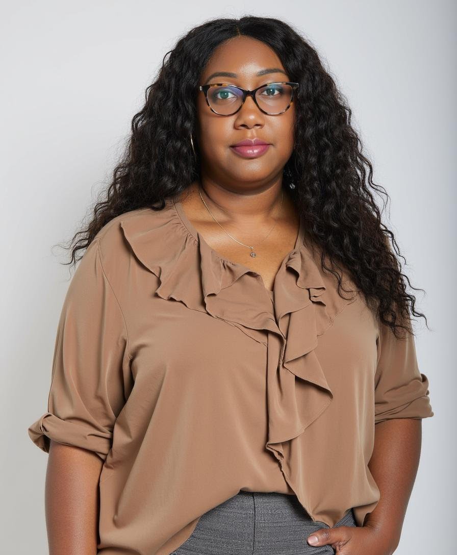 A woman with glasses, long curly hair, wearing a beige blouse with ruffles and gray pants, standing against a plain white background.