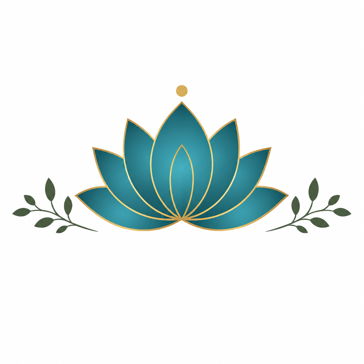 Elegant teal lotus flower with gold outline and decorative green leaves on a white background.