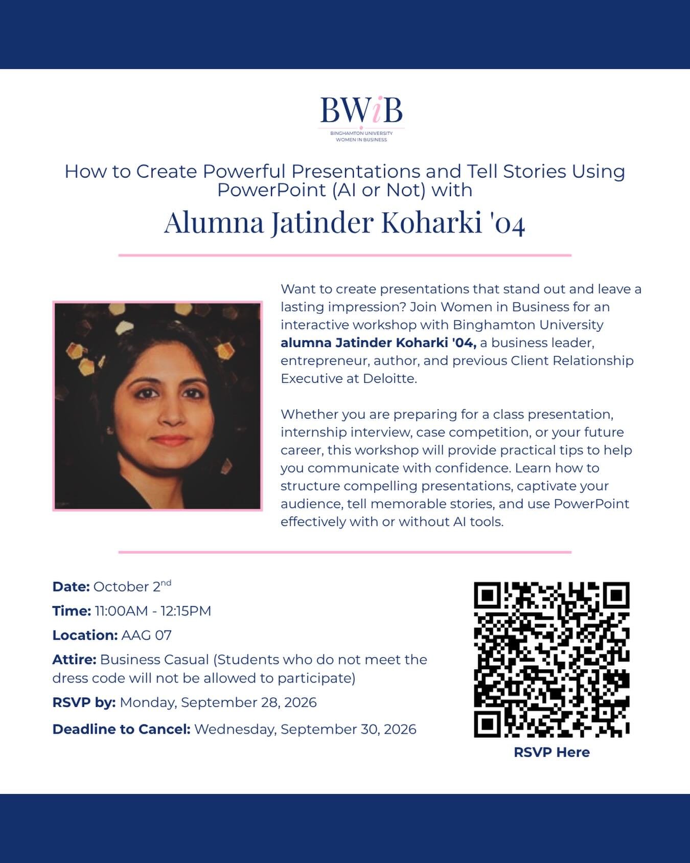 Join us on October 2 for an interactive workshop with WiB alumna Jatinder Koharki &rsquo;04! Learn how to create compelling presentations, tell memorable stories, and use PowerPoint effectively with or without AI.

RSVP by September 28 using the link