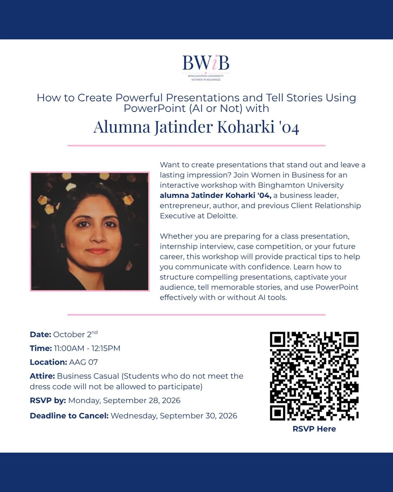 Join us on October 2 for an interactive workshop with WiB alumna Jatinder Koharki &rsquo;04! Learn how to create compelling presentations, tell memorable stories, and use PowerPoint effectively with or without AI.

RSVP by September 28 using the link