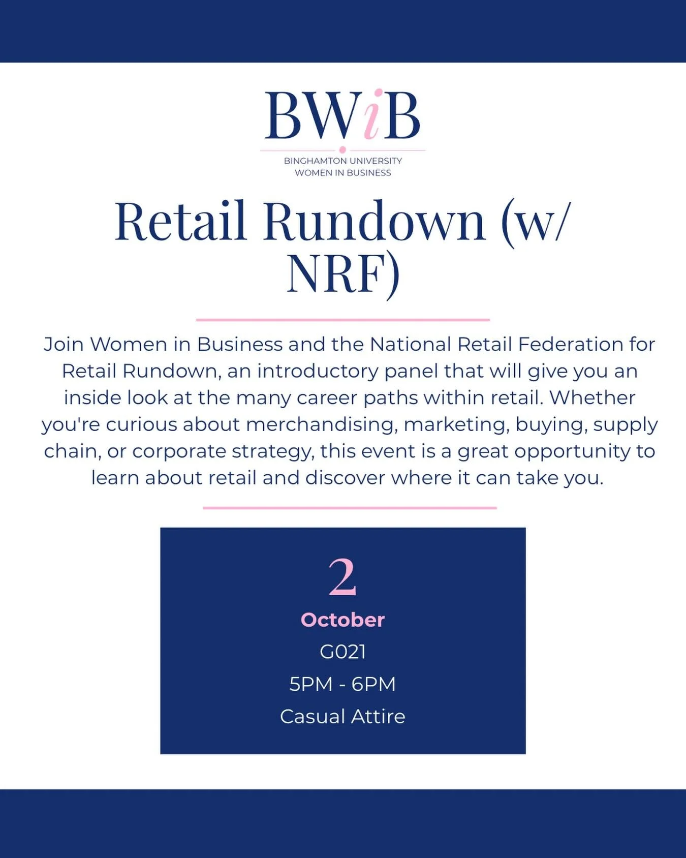 Join Women in Business and the National Retail Federation for Retail Rundown this Friday!

Explore the many career paths within the retail industry, from merchandising and marketing to buying, supply chain, corporate strategy, and more. Come hear fro