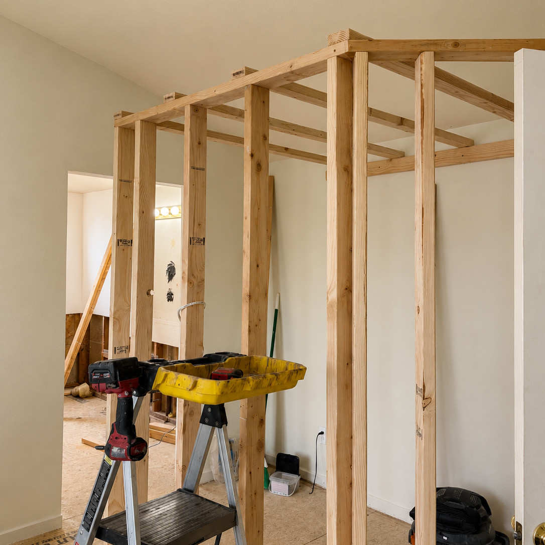 Interior of a house undergoing renovation with exposed wooden studs and construction tools.