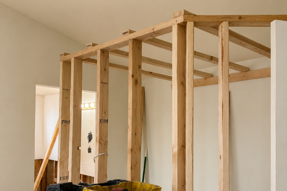 Interior of a room under renovation with wooden framing for a new wall or doorway.