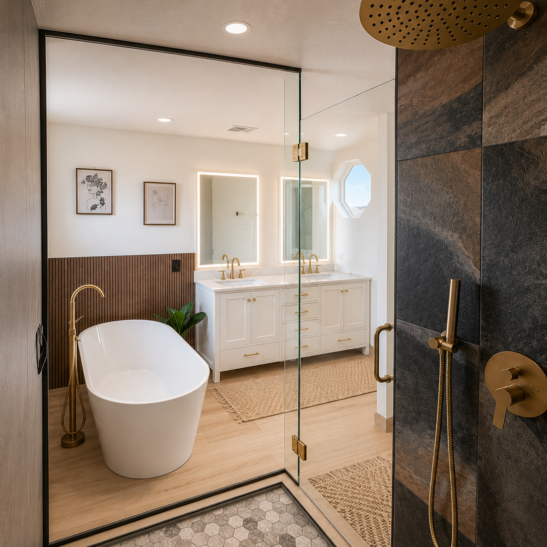 Modern bathroom with a white freestanding bathtub, wooden accents, gold fixtures, double vanity with illuminated mirrors, and a glass shower with dark tiles.