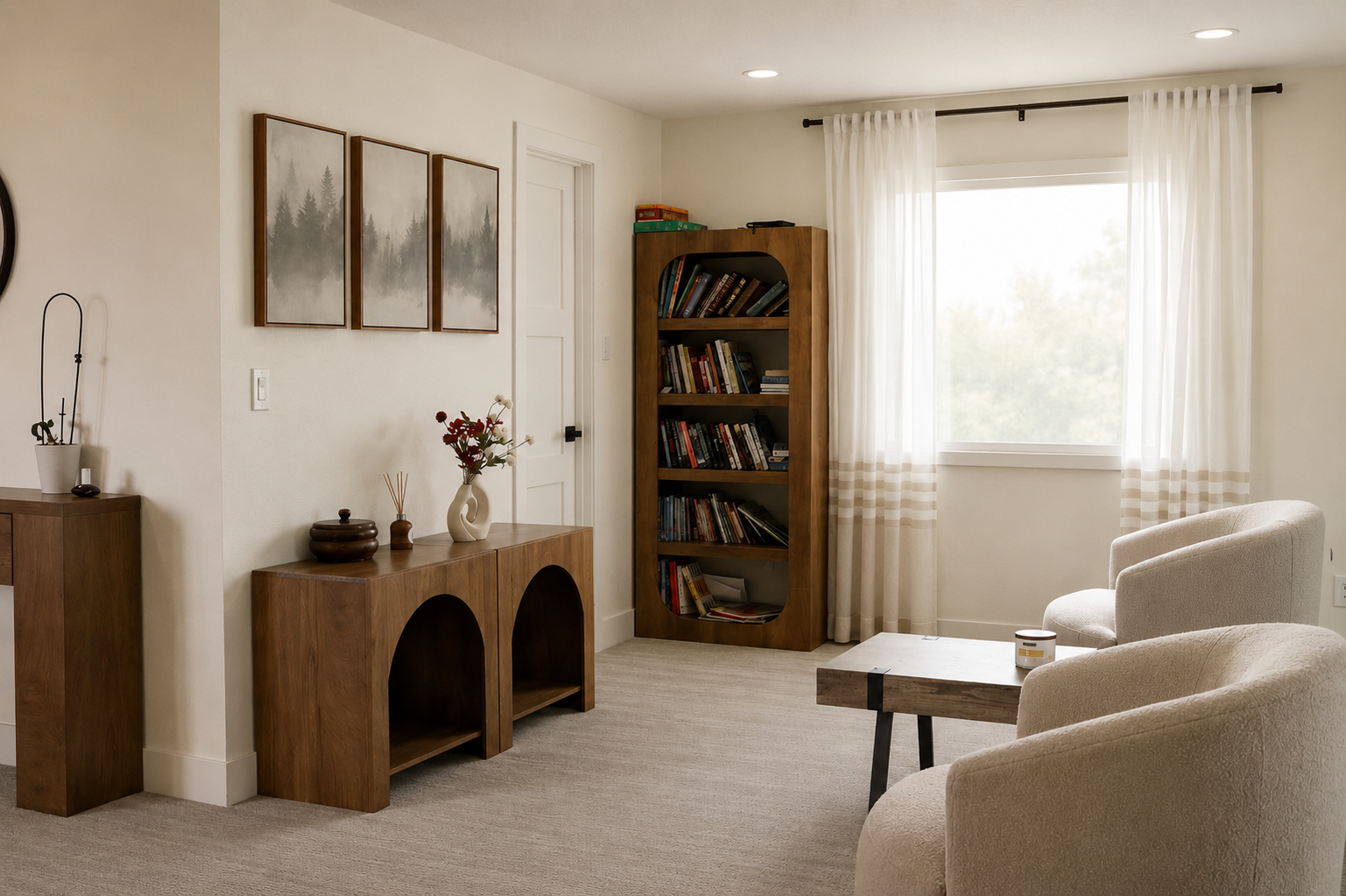 Living room with cream armchair, wooden bookshelf, framed artwork of tree silhouettes, cream curtains, and a window with outdoor view.