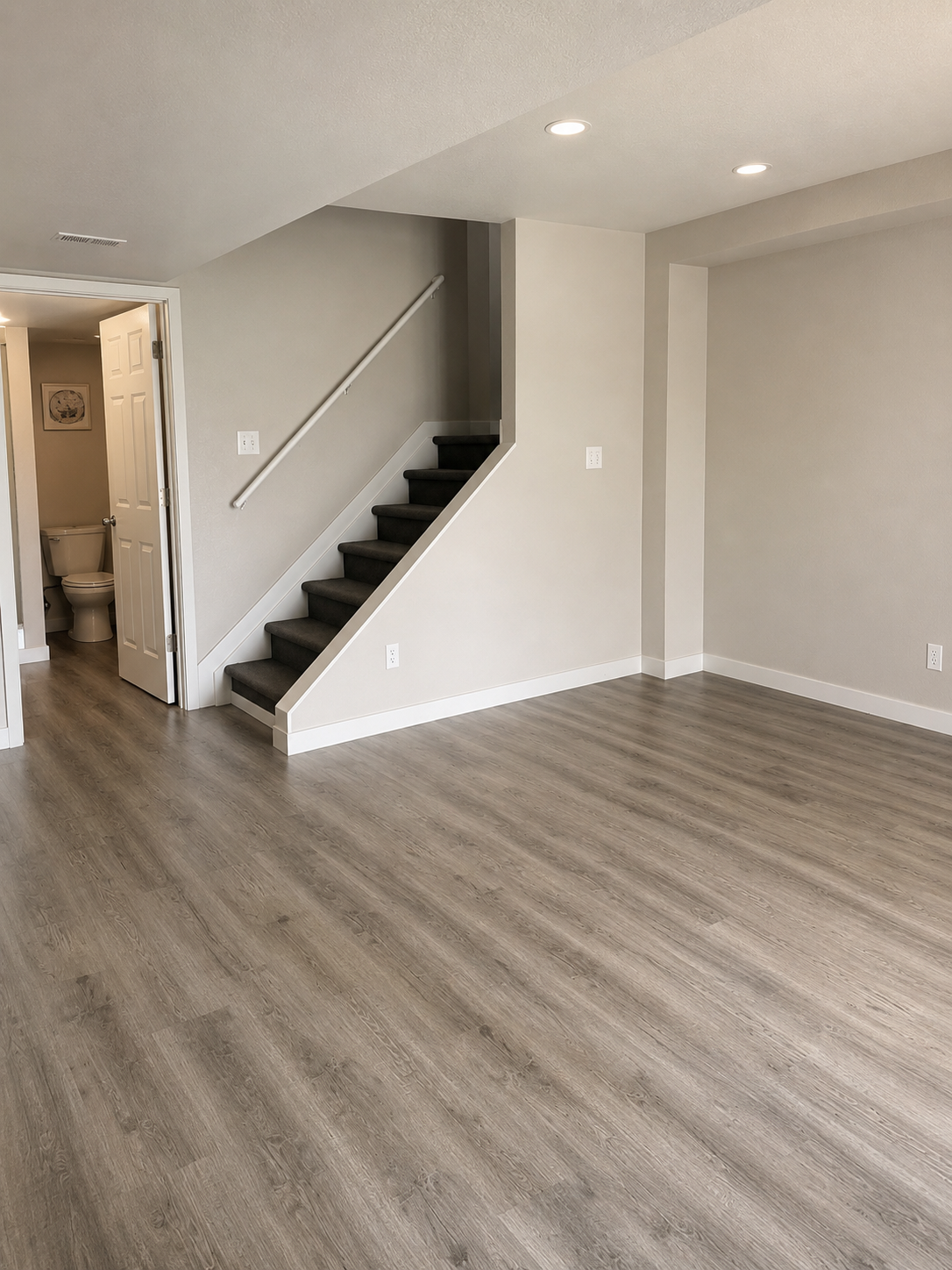 Empty living room with wood laminate flooring, staircase with dark carpet, and a small bathroom with an open door in the background.