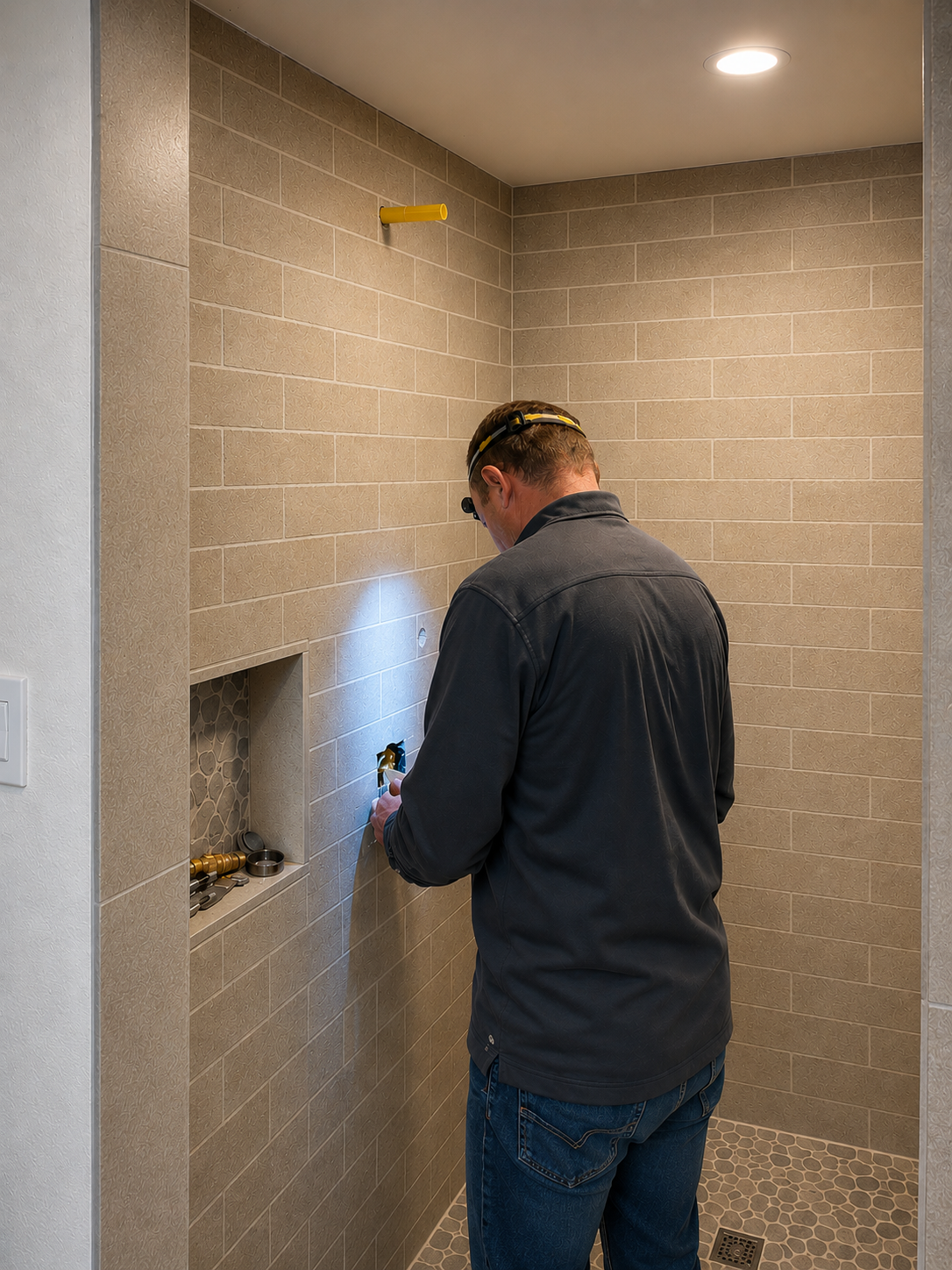 A man installing or repairing a shower fixture in a tiled bathroom niche with tools nearby.