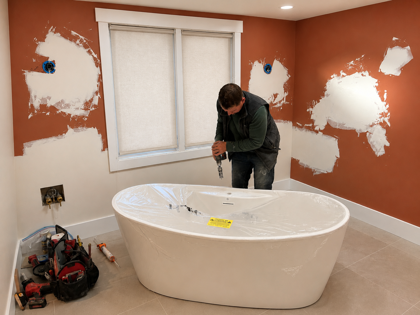 A man installing a bathtub in a room under renovation. The room has partially painted walls with patches of white primer and a window with blinds. Construction tools are on the floor and the bathtub is covered with plastic.