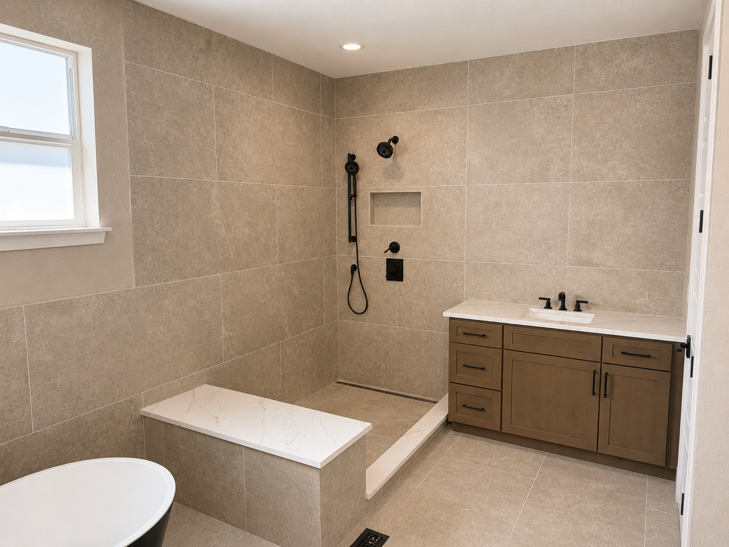 Modern bathroom with walk-in shower featuring black fixtures, vanity with a white sink, beige tile walls, and a small window.